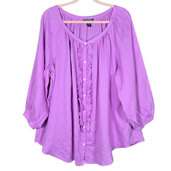 LRL Ralph Lauren Peasant Top Womens 3X Purple Linen Ruffle Front 3/4 Sleeve - Picture 1 of 11